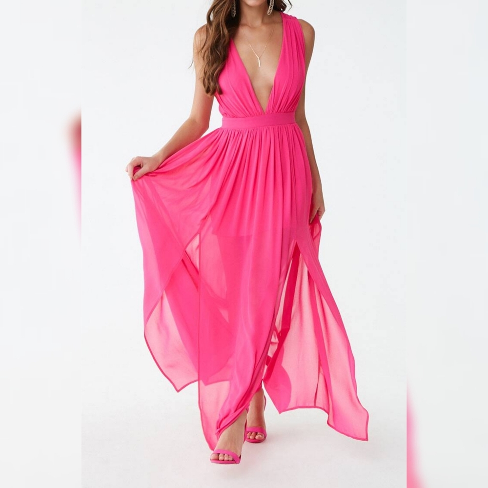 Forever 21 Hot Pink Chiffon M-Slit Gown